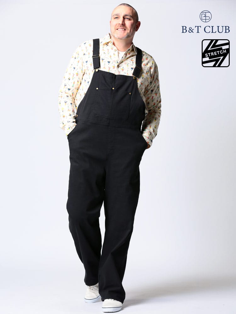大きいサイズ メンズ B＆T CLUB (ビーアンドティークラブ) ストレッチ 無地 前閉じ オーバーオール