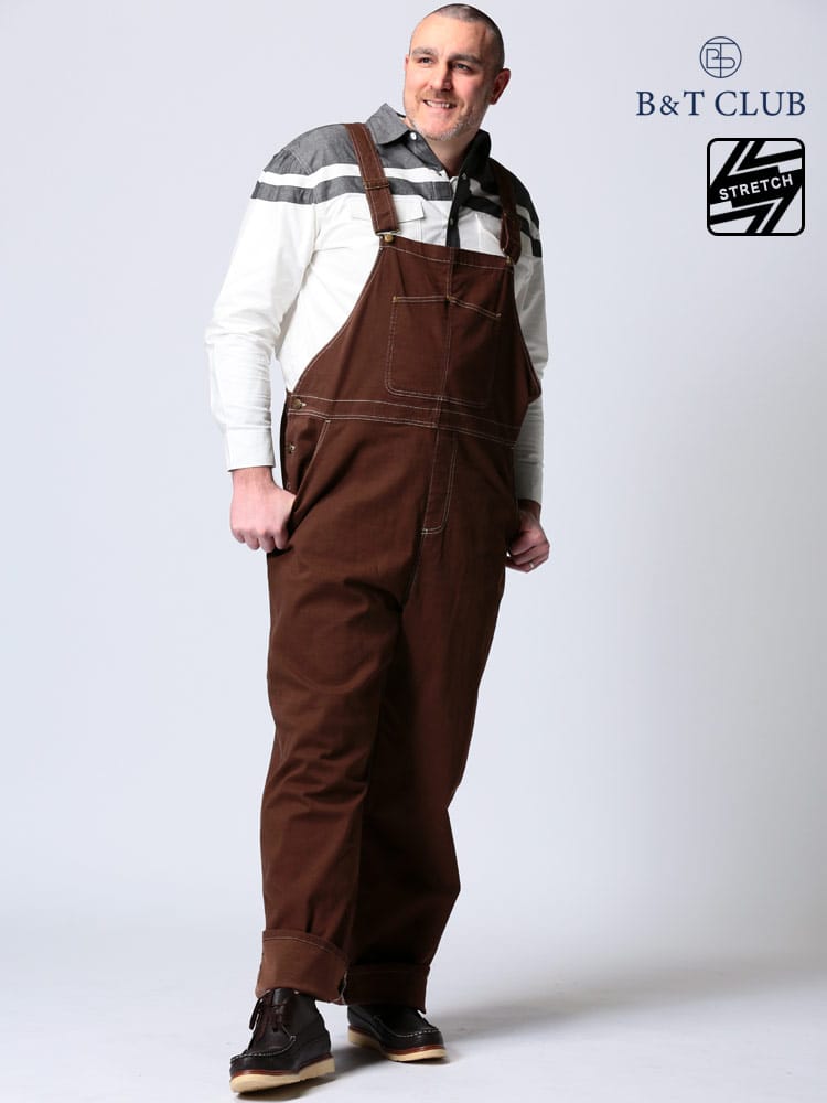 大きいサイズ メンズ B＆T CLUB (ビーアンドティークラブ) ストレッチ 無地 前閉じ オーバーオール