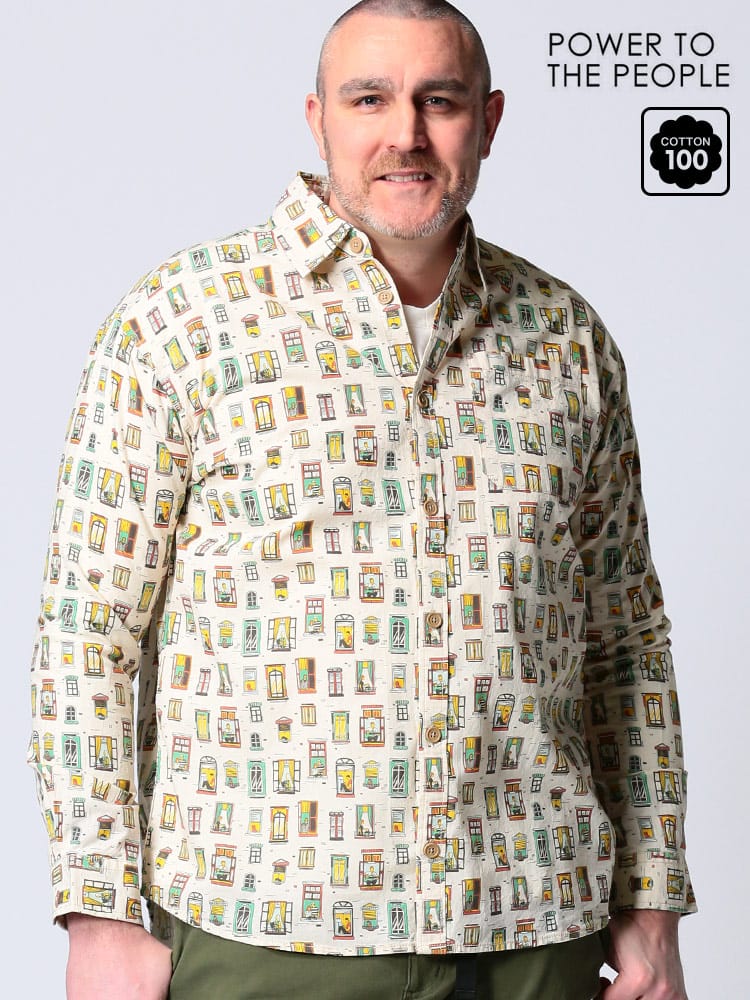 大きいサイズ メンズ POWER TO THE PEOPLE (パワートゥザピープル) 綿100％ 総柄プリント ポケット 長袖 シャツ