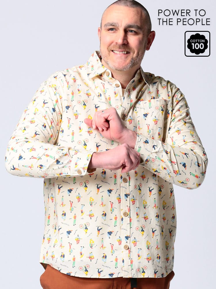 大きいサイズ メンズ POWER TO THE PEOPLE (パワートゥザピープル) 綿100％ 総柄プリント ポケット 長袖 シャツ