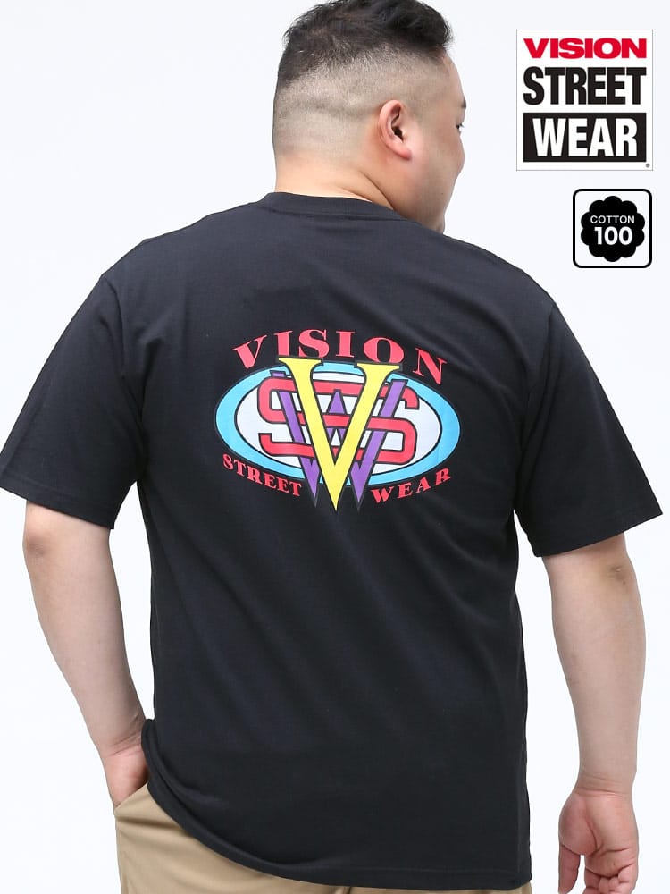 在庫処分 返品交換不可 大きいサイズ メンズ VISION STREET WEAR (ヴィジョンストリートウェア) ヴィンテージプリント クルーネック 半袖 Tシャツ