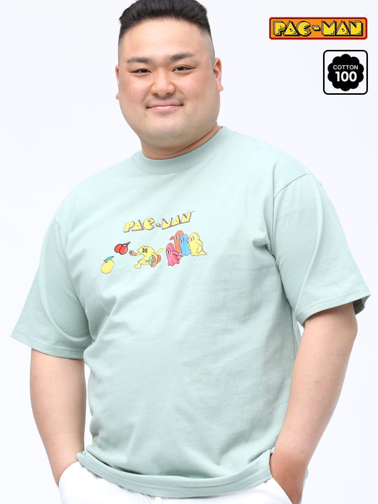 大きいサイズ メンズ PAC-MAN (パックマン) パックマン プリント×刺繍 クルーネック 半袖 Tシャツ