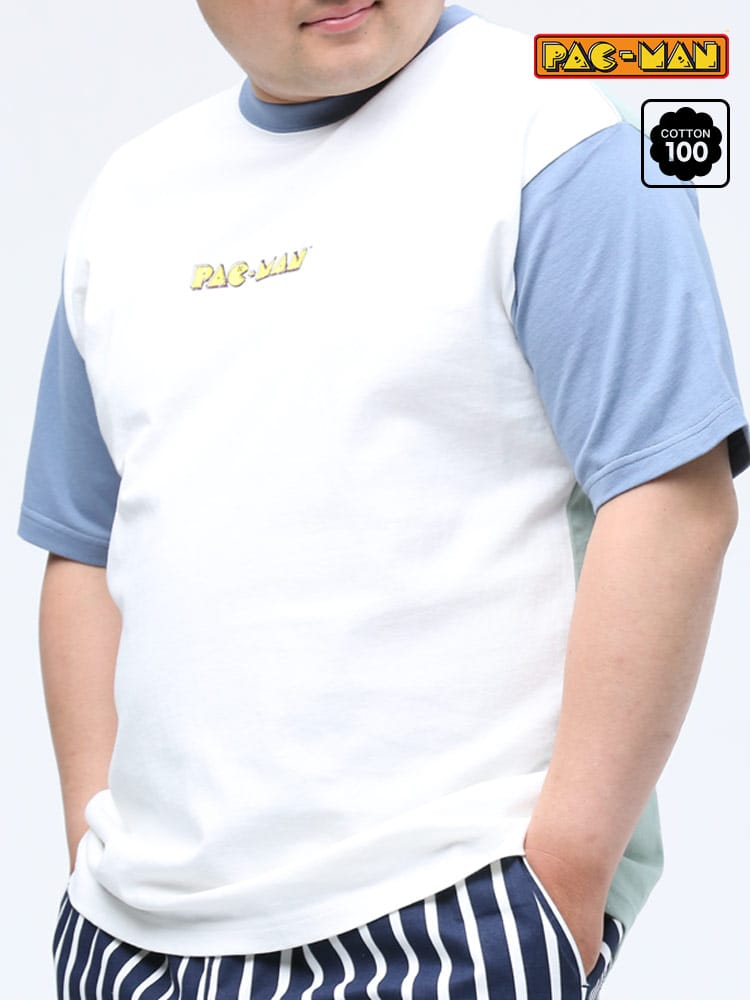 在庫処分 返品交換不可 大きいサイズ メンズ PAC-MAN (パックマン) パックマン かすれプリント クルーネック 半袖 Tシャツ