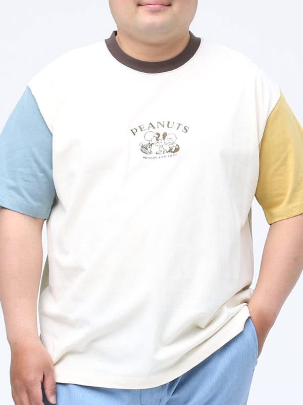 大きいサイズ メンズ PEANUTS (ピーナッツ) SNOOPY 刺繍 クルーネック 半袖 Tシャツ