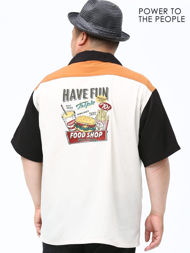 大きいサイズ メンズ POWER TO THE PEOPLE (パワートゥザピープル) バッグ刺繍 オープンカラー 半袖 シャツ