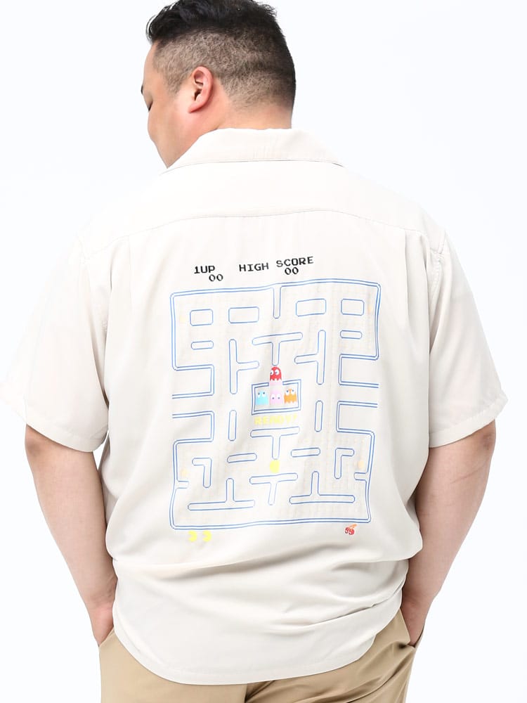 大きいサイズ メンズ PAC-MAN (パックマン) パックマン バックプリント オープンカラー 半袖 シャツ