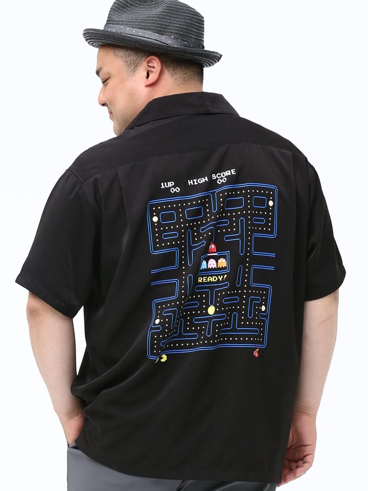 大きいサイズ メンズ PAC-MAN (パックマン) パックマン バックプリント オープンカラー 半袖 シャツ