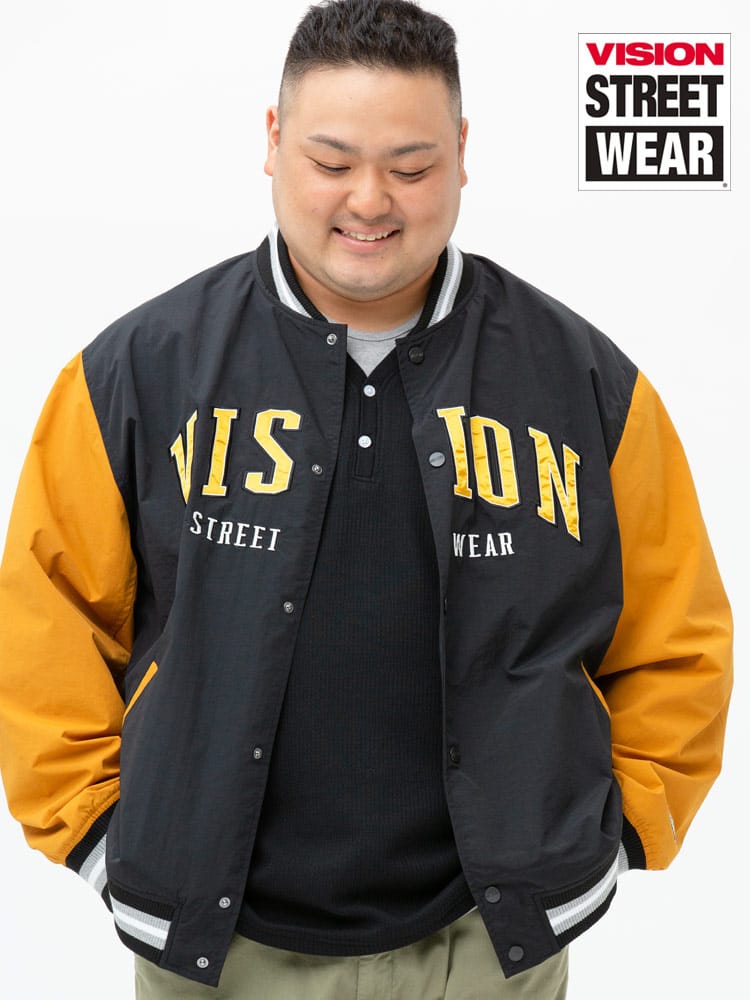 大きいサイズ メンズ VISION STREET WEAR (ヴィジョンストリートウェア) ナイロン ワッペン 刺繍 フルボタン スタジャン