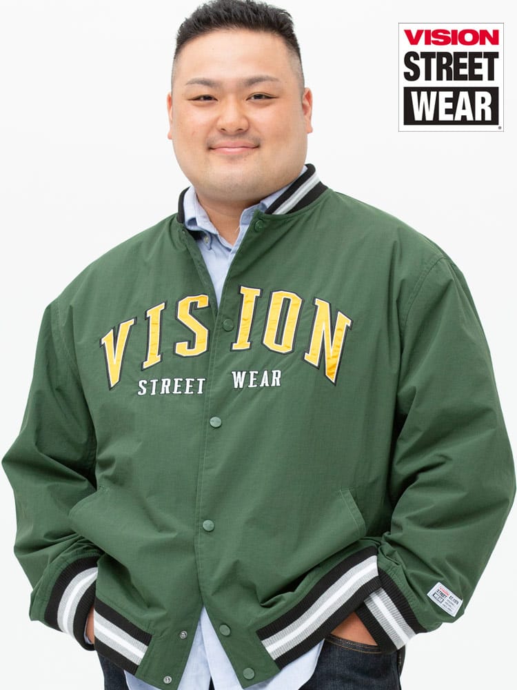 大きいサイズ メンズ VISION STREET WEAR (ヴィジョンストリートウェア) ナイロン ワッペン 刺繍 フルボタン スタジャン
