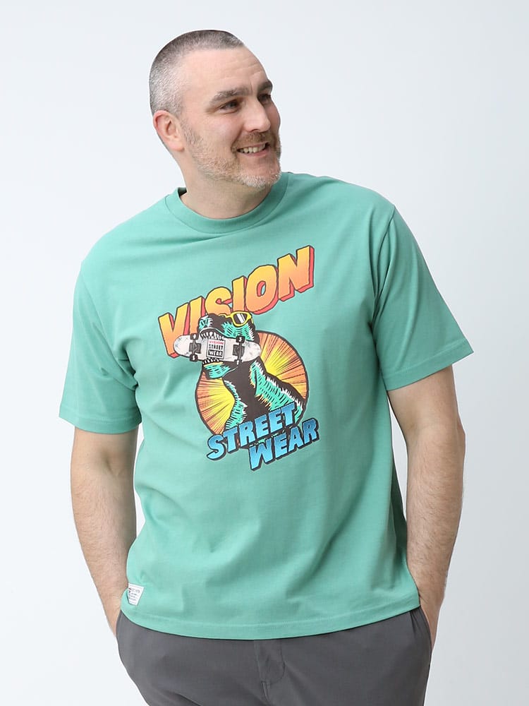 大きいサイズ メンズ VISION STREET WEAR (ヴィジョンストリートウェア) 綿100％ コミック恐竜 クルーネック 半袖 Tシャツ