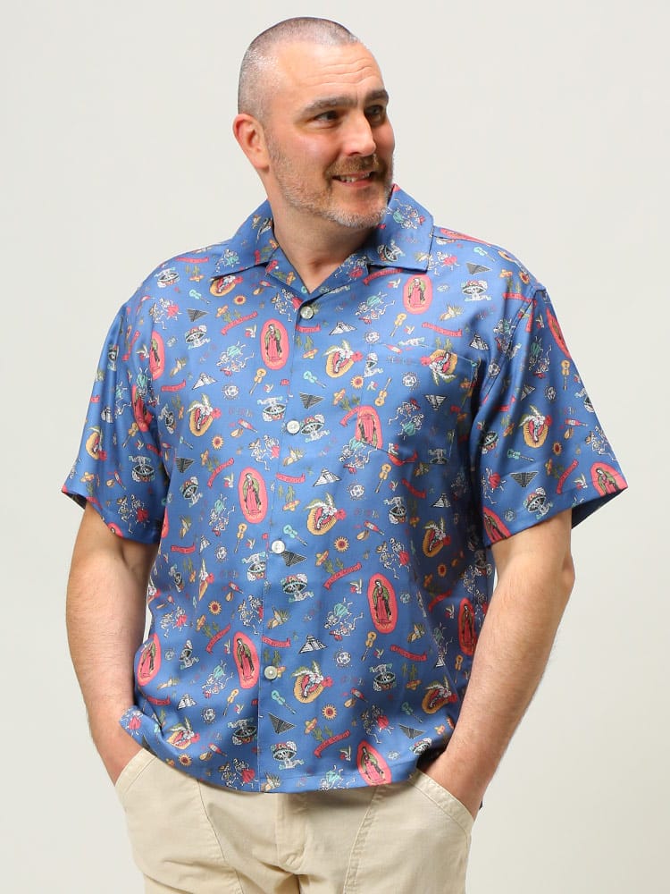 大きいサイズ メンズ POWER TO THE PEOPLE (パワートゥザピープル) 梨地 総柄プリント オープンカラー 半袖 シャツ