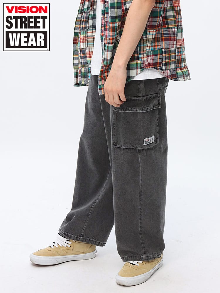VISION STREET WEAR (ヴィジョンストリートウェア) ロゴ刺繍入りバックポケット ウエストコード デニムワイドカーゴパンツ 3505065