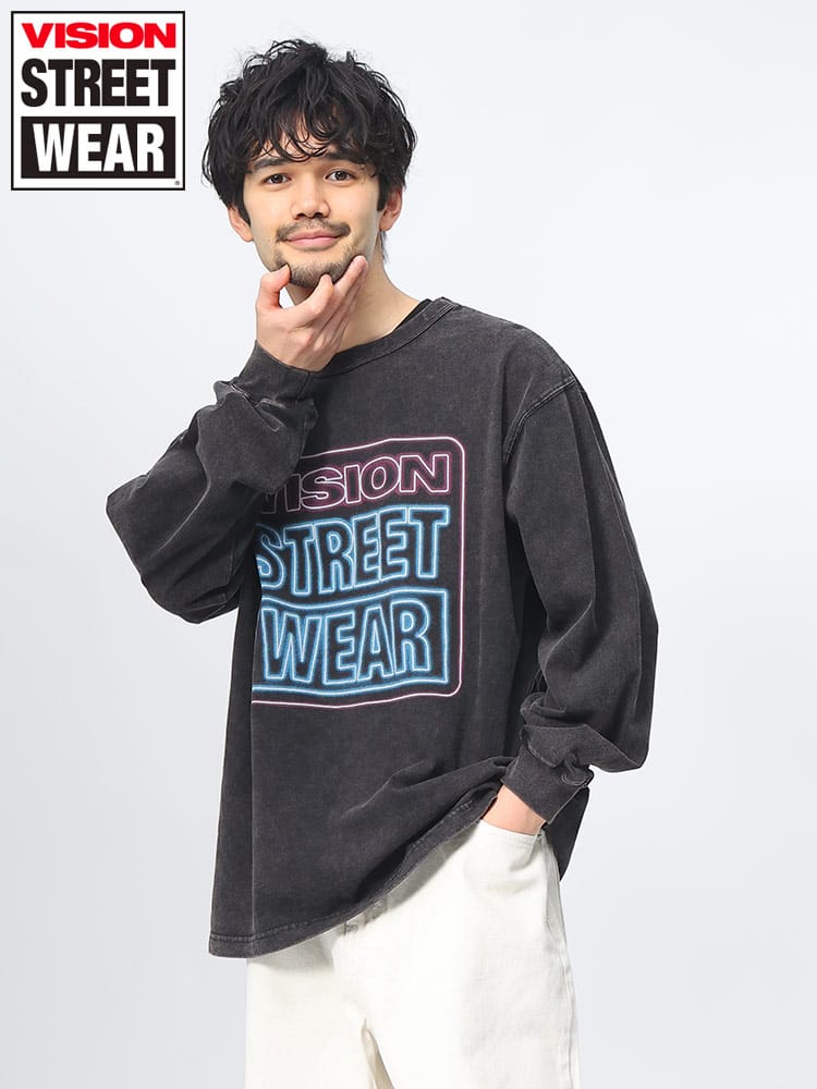 VISION STREET WEAR (ヴィジョンストリートウェア) スノーウォッシュネオンロゴ クルーネック 長袖 Ｔシャツ