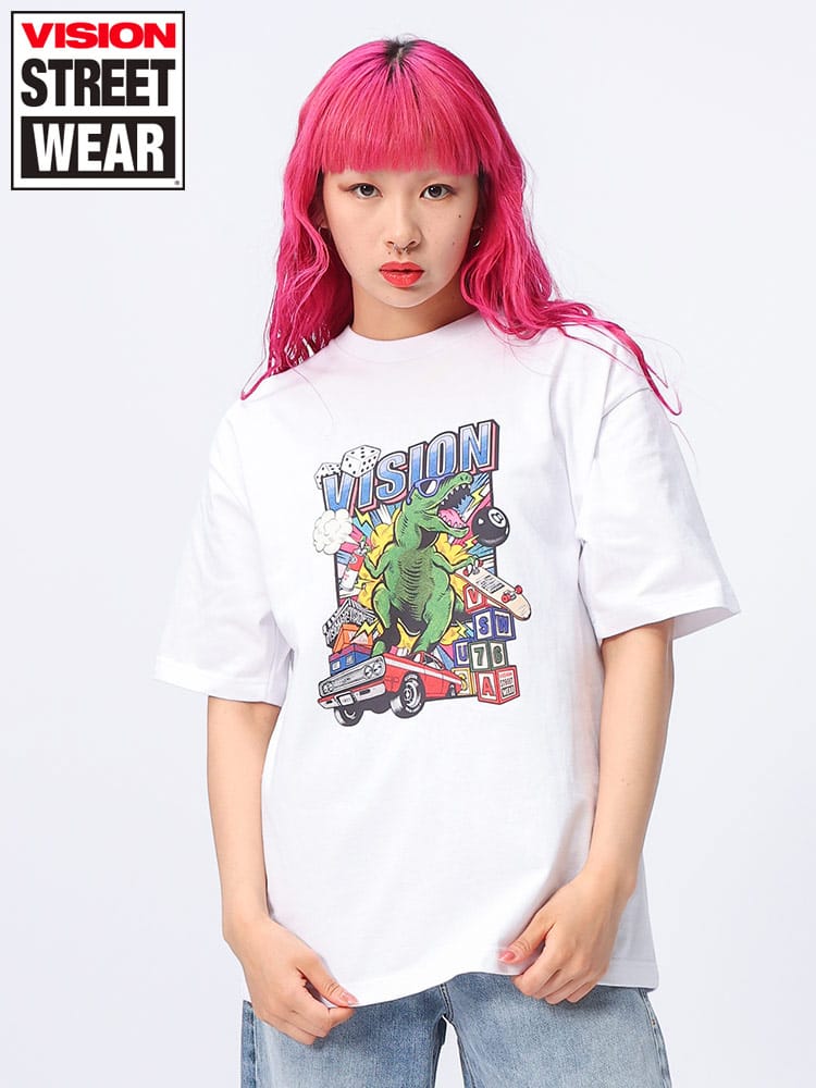 VISION STREET WEAR (ヴィジョンストリートウェア) アメコミダイナソー プリント クルーネック 半袖 Tシャツ 4505042