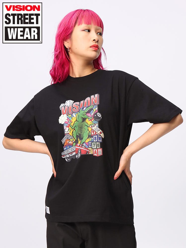 VISION STREET WEAR (ヴィジョンストリートウェア) アメコミダイナソー プリント クルーネック 半袖 Tシャツ 4505042