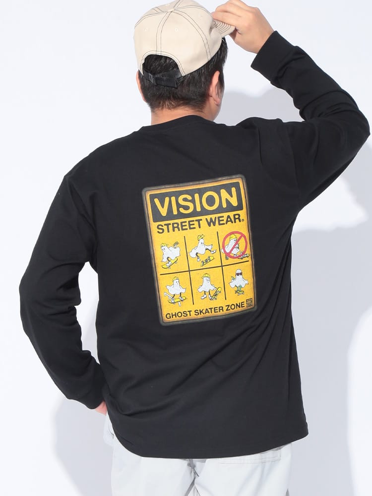 長袖 Tシャツ ゴーストサインボード バックプリント クルーネック ロンT プルオーバー 大きいサイズ メンズ