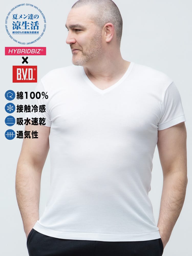 大きいサイズ メンズ B.V.D. ビーブイディ HYBRIDBIZ×BVD 接触冷感 クールタッチ 綿100％ Vネック 一分袖 アンダーTシャツ クールビズ 節電 涼しい 暑さ対策