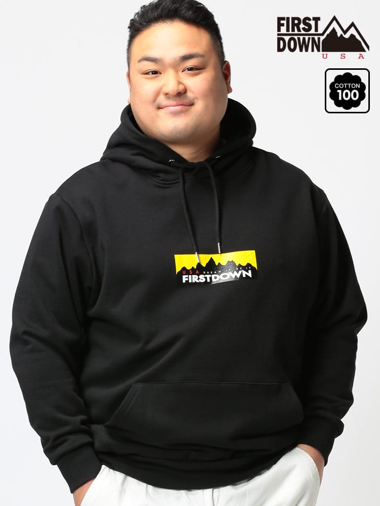 大きいサイズ メンズ FIRST DOWN USA (ファーストダウンユーエスエー) BOXロゴプリント フード スウェット プルオーバー パーカー