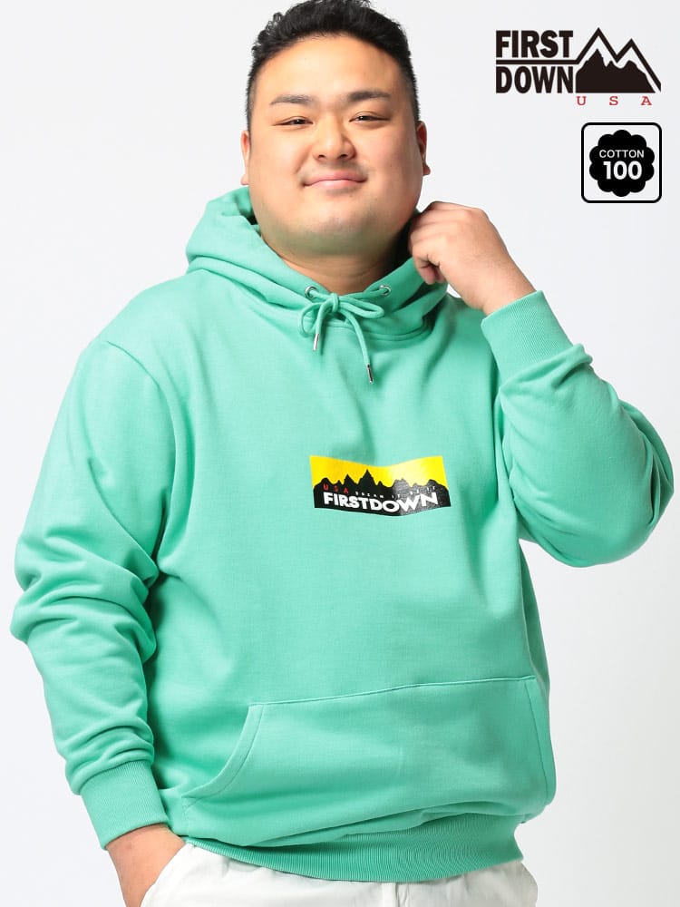大きいサイズ メンズ FIRST DOWN USA (ファーストダウンユーエスエー) BOXロゴプリント フード スウェット プルオーバー パーカー