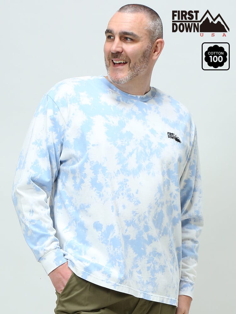 大きいサイズ メンズ FIRST DOWN USA (ファーストダウンユーエスエー) タイダイ柄 ロゴ刺繍 クルーネック 長袖 Tシャツ ロンT