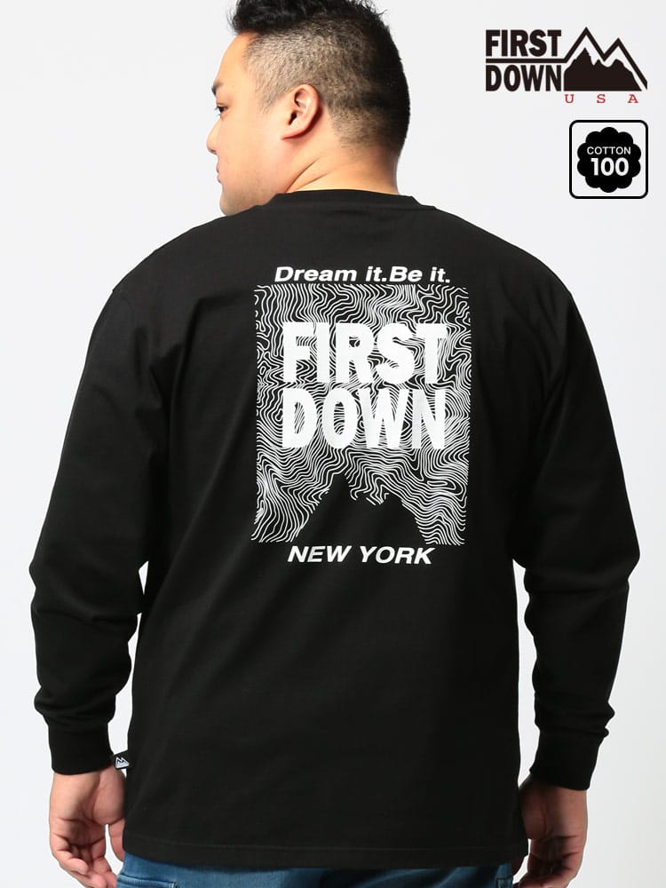 大きいサイズ メンズ FIRST DOWN USA (ファーストダウンユーエスエー) バックプリント ロゴ クルーネック 長袖 Tシャツ ロンT