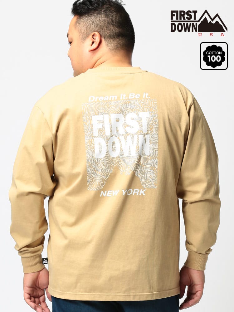 大きいサイズ メンズ FIRST DOWN USA (ファーストダウンユーエスエー) バックプリント ロゴ クルーネック 長袖 Tシャツ ロンT