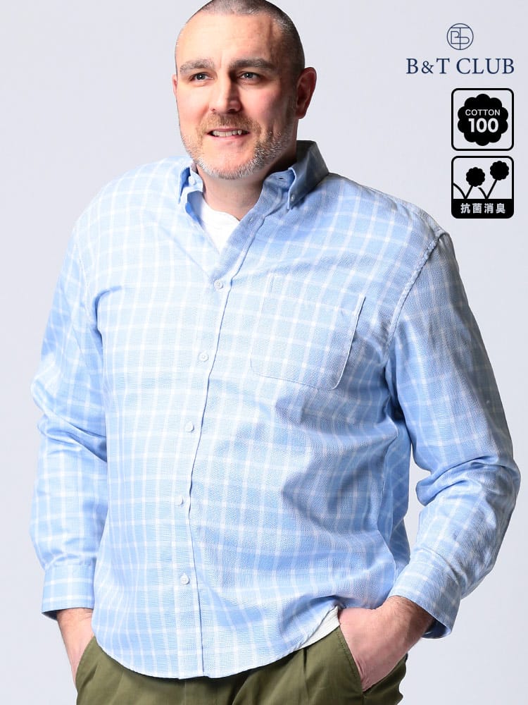 大きいサイズ メンズ B＆T CLUB (ビーアンドティークラブ) 抗菌消臭 カラミ織 ボタンダウン ポケット 長袖 シャツ