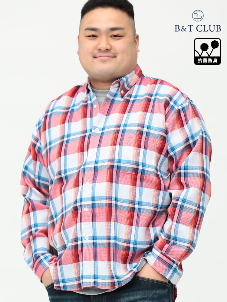大きいサイズ メンズ B＆T CLUB (ビーアンドティークラブ) 抗菌防臭 ワッフル チェック柄 ボタンダウン 長袖 シャツ