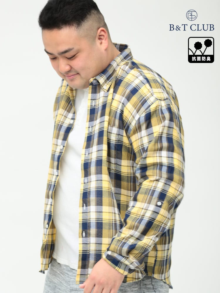 大きいサイズ メンズ B＆T CLUB (ビーアンドティークラブ) 抗菌防臭 ワッフル チェック柄 ボタンダウン 長袖 シャツ