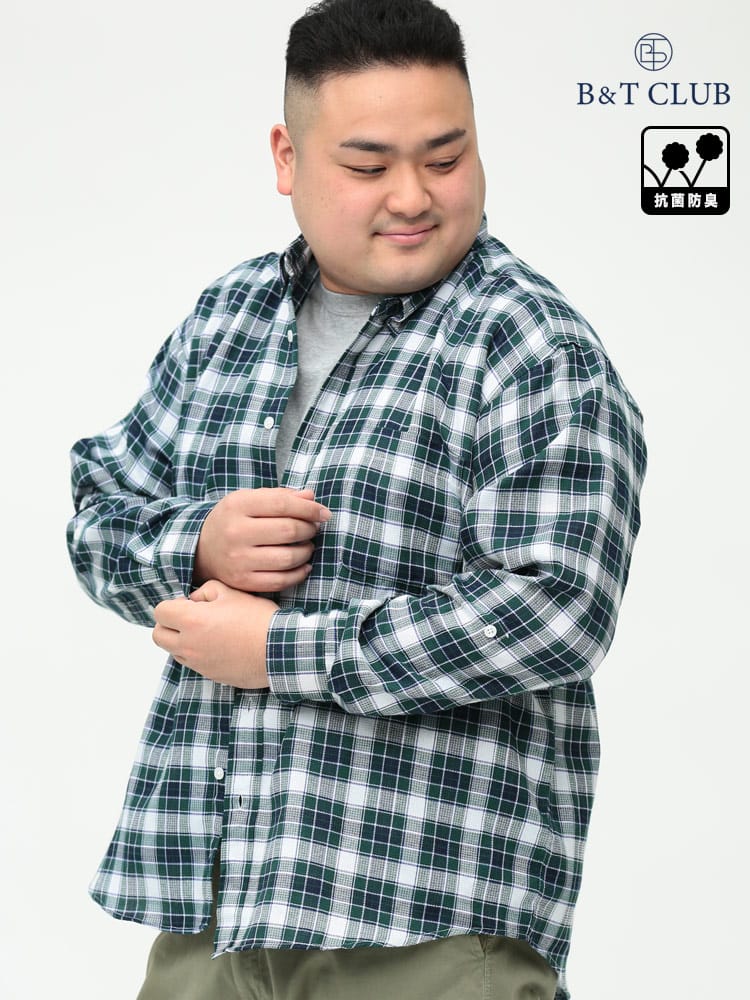 大きいサイズ メンズ B＆T CLUB (ビーアンドティークラブ) 抗菌防臭 ワッフル チェック柄 ボタンダウン 長袖 シャツ