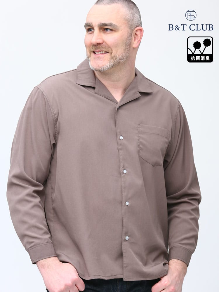 大きいサイズ メンズ B＆T CLUB (ビーアンドティークラブ) 抗菌消臭 ストレッチ 無地 開襟 長袖 シャツ