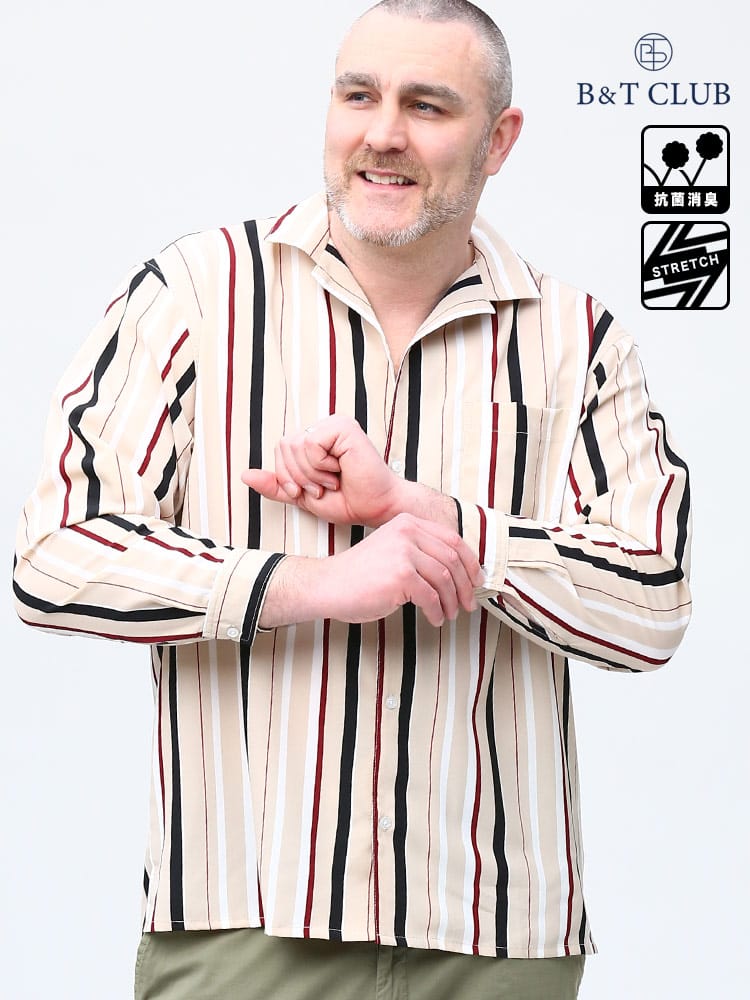 大きいサイズ メンズ B＆T CLUB (ビーアンドティークラブ) 抗菌消臭 ストレッチ 総柄 開襟 長袖 シャツ
