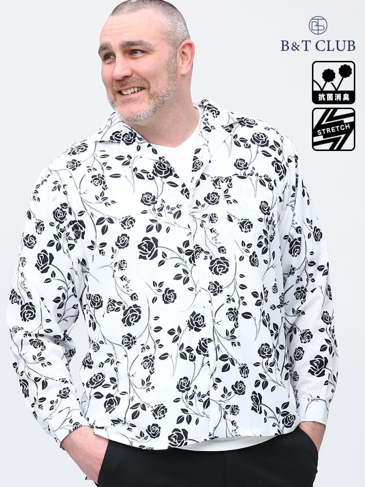 大きいサイズ メンズ B＆T CLUB (ビーアンドティークラブ) 抗菌消臭 ストレッチ 総柄 開襟 長袖 シャツ
