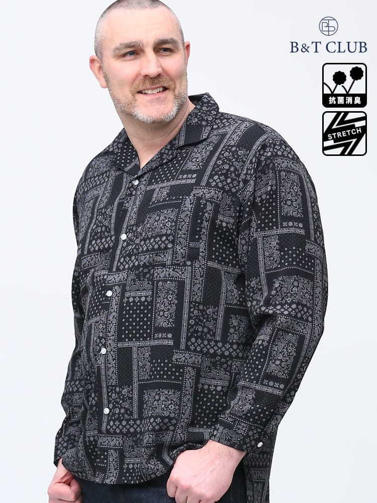 大きいサイズ メンズ B＆T CLUB (ビーアンドティークラブ) 抗菌消臭 ストレッチ 総柄 開襟 長袖 シャツ