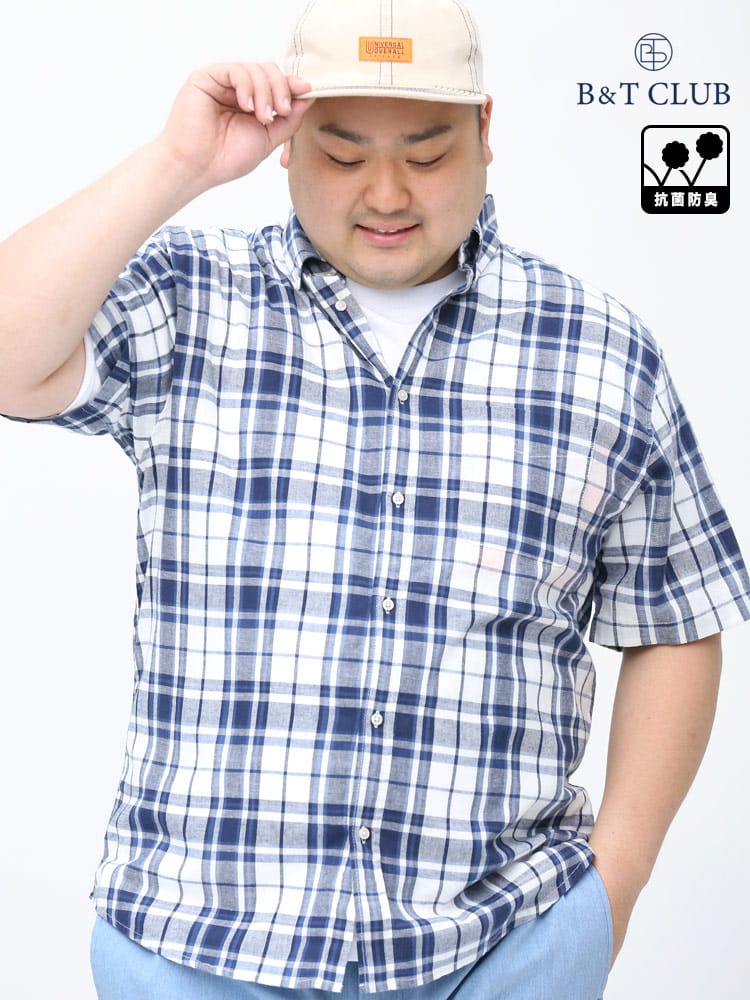 大きいサイズ メンズ B＆T CLUB (ビーアンドティークラブ) ナチュラルストレッチ 綿麻 ボタンダウン チェック柄 半袖 シャツ