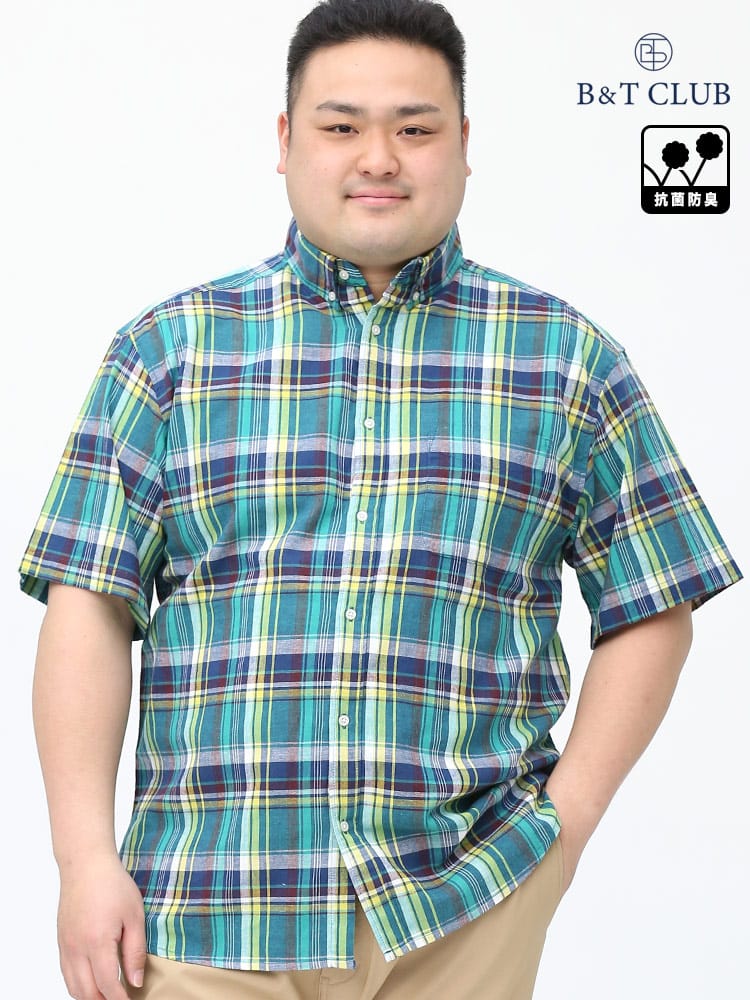 大きいサイズ メンズ B＆T CLUB (ビーアンドティークラブ) ナチュラルストレッチ 綿麻 ボタンダウン チェック柄 半袖 シャツ
