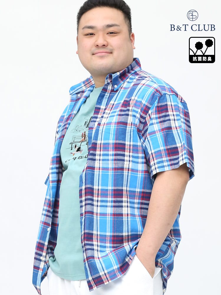 大きいサイズ メンズ B＆T CLUB (ビーアンドティークラブ) ナチュラルストレッチ 綿麻 ボタンダウン チェック柄 半袖 シャツ