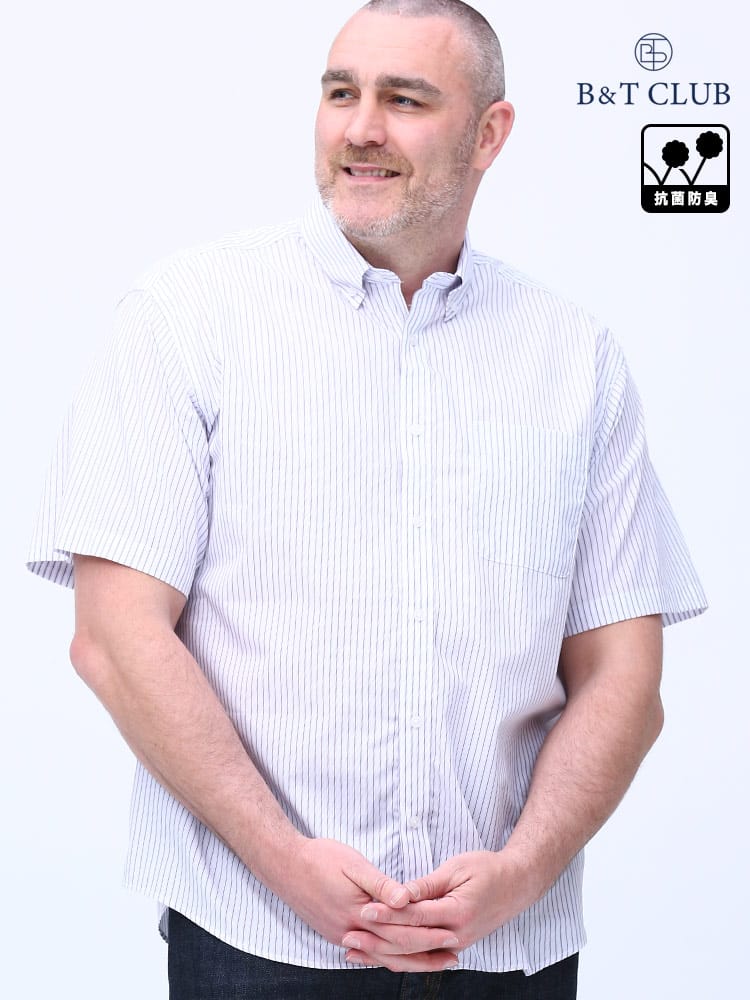 大きいサイズ メンズ B＆T CLUB (ビーアンドティークラブ) 抗菌消臭 ブロード ストライプ＆チェック ボタンダウン 半袖 シャツ
