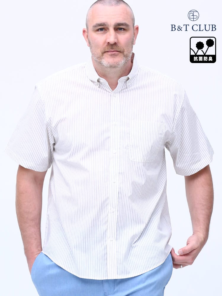大きいサイズ メンズ B＆T CLUB (ビーアンドティークラブ) 抗菌消臭 ブロード ストライプ＆チェック ボタンダウン 半袖 シャツ