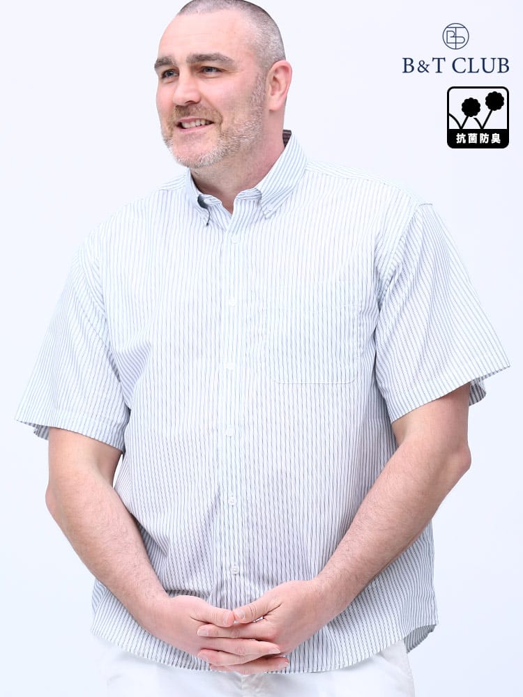 大きいサイズ メンズ B＆T CLUB (ビーアンドティークラブ) 抗菌消臭 ブロード ストライプ＆チェック ボタンダウン 半袖 シャツ