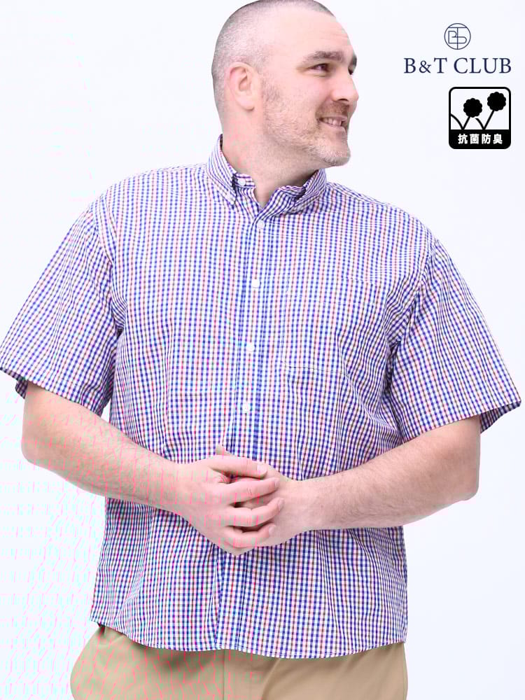 大きいサイズ メンズ B＆T CLUB (ビーアンドティークラブ) 抗菌消臭 ブロード ストライプ＆チェック ボタンダウン 半袖 シャツ
