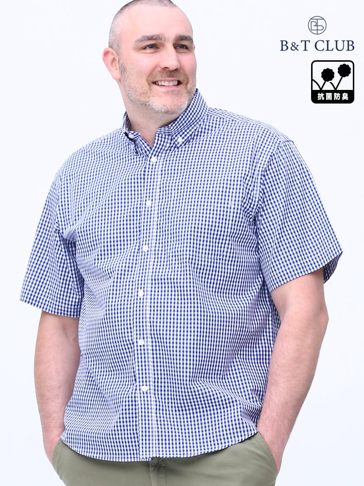 大きいサイズ メンズ B＆T CLUB (ビーアンドティークラブ) 抗菌消臭 ブロード ストライプ＆チェック ボタンダウン 半袖 シャツ