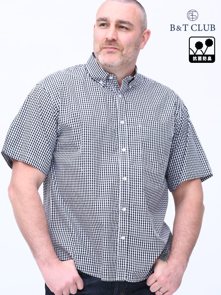 大きいサイズ メンズ B＆T CLUB (ビーアンドティークラブ) 抗菌消臭 ブロード ストライプ＆チェック ボタンダウン 半袖 シャツ