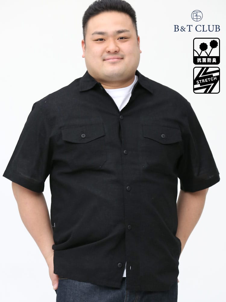 在庫処分 返品交換不可 大きいサイズ メンズ B＆T CLUB (ビーアンドティークラブ) ストレッチ 抗菌消臭 綿麻 半袖 ミリタリーシャツ