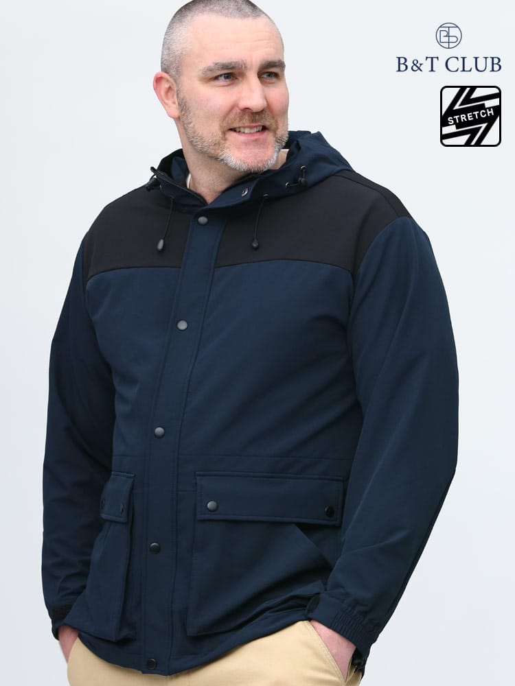 大きいサイズ メンズ B＆T CLUB (ビーアンドティークラブ) 4WAYストレッチ フード フルジップ マウンテンパーカー