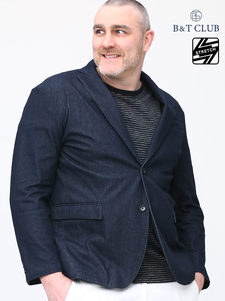 大きいサイズ メンズ B＆T CLUB (ビーアンドティークラブ) ストレッチ カットデニム シングル 2ツ釦 ジャケット