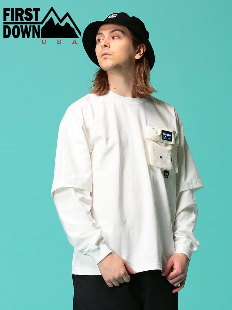 FIRST DOWN USA (ファーストダウンユーエスエー) フェイクレイヤード ポケット クルーネック 長袖 Tシャツ LAYERED LS T WEB限定