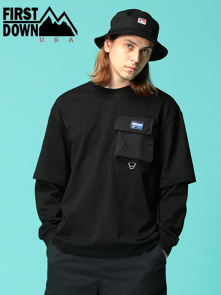 FIRST DOWN USA (ファーストダウンユーエスエー) フェイクレイヤード ポケット クルーネック 長袖 Tシャツ LAYERED LS T WEB限定