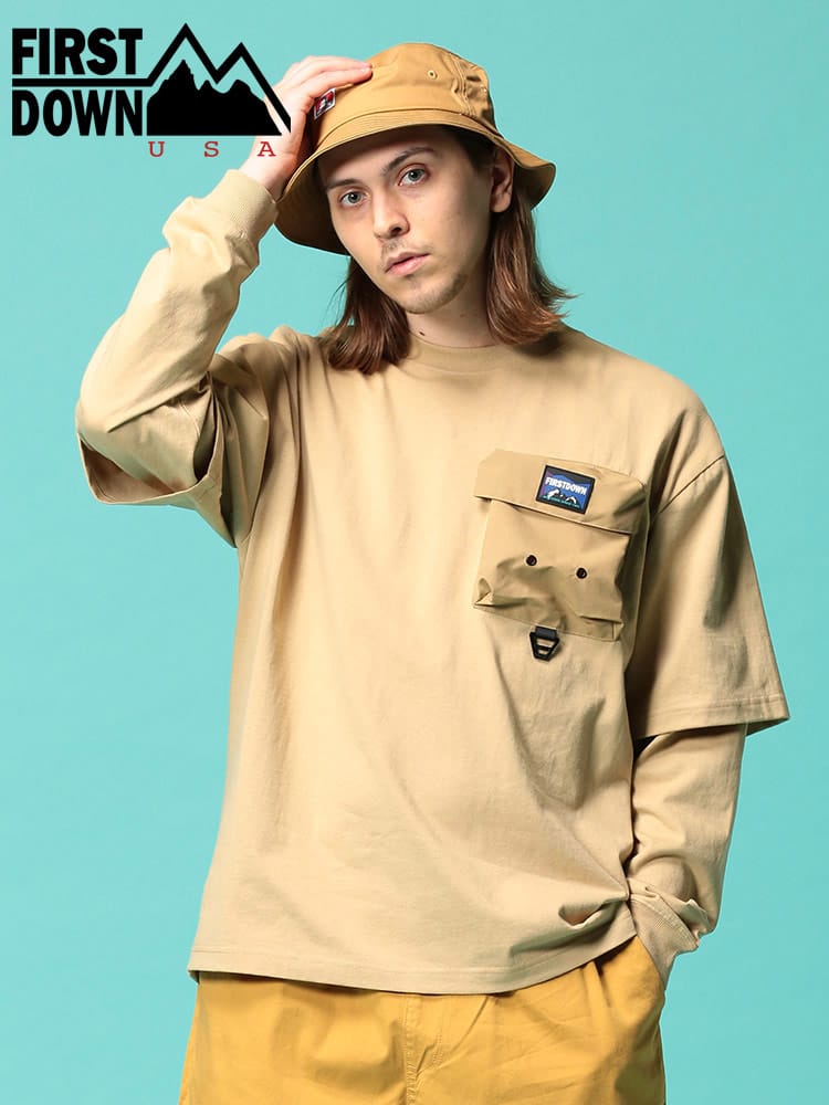 FIRST DOWN USA (ファーストダウンユーエスエー) フェイクレイヤード ポケット クルーネック 長袖 Tシャツ LAYERED LS T WEB限定