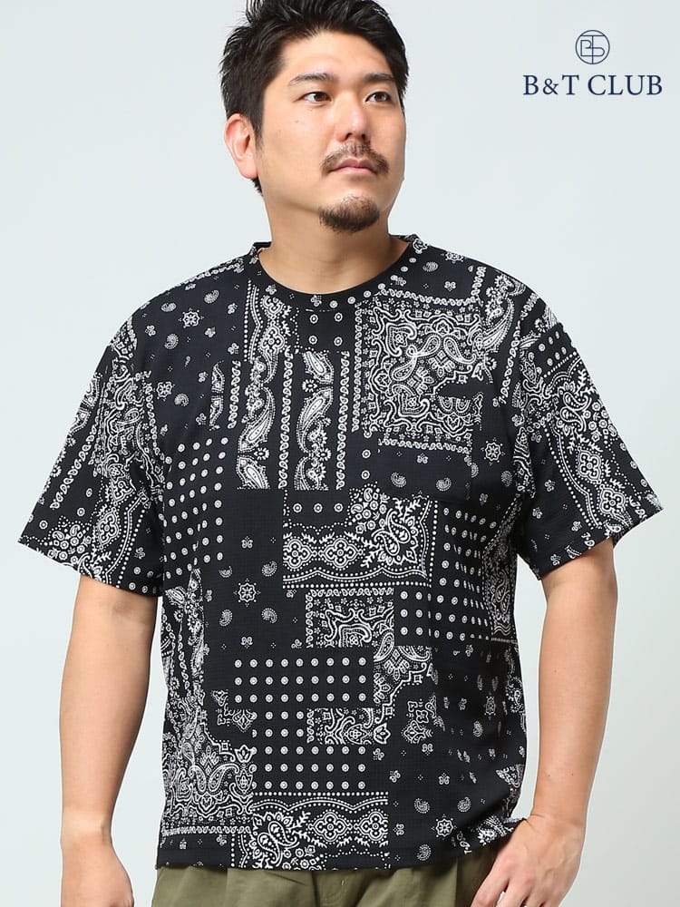 在庫処分 返品交換不可 大きいサイズ メンズ B＆T CLUB (ビーアンドティークラブ) 快ラクWEAR 快楽 カイラク ストレッチ ドライ 防臭 ワッフル 総柄 ポケット クルーネック 半袖 Tシャツ
